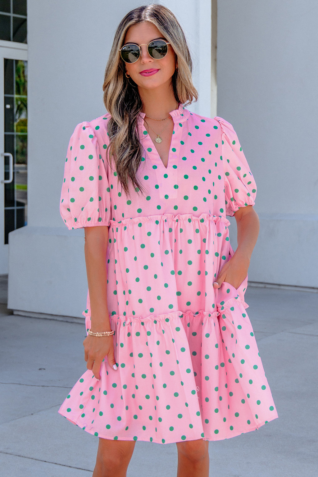 Pink Polka Dot Print Dress