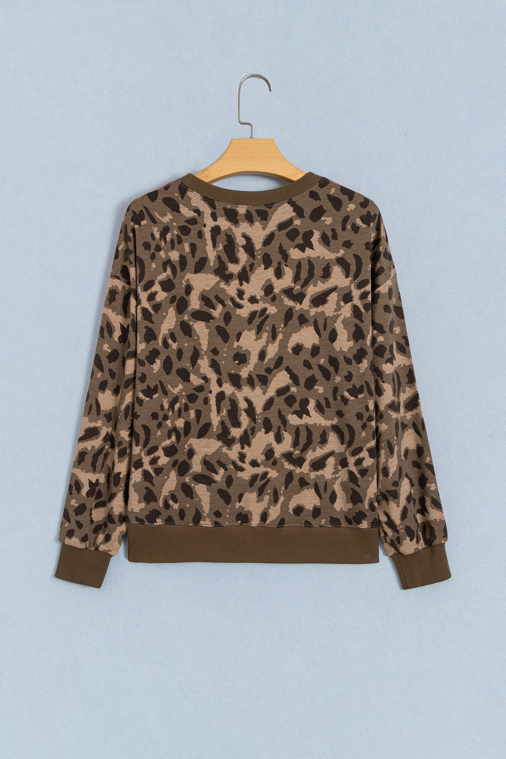 Brown Leopard Print Striped Detail Pullover Sweatshirt