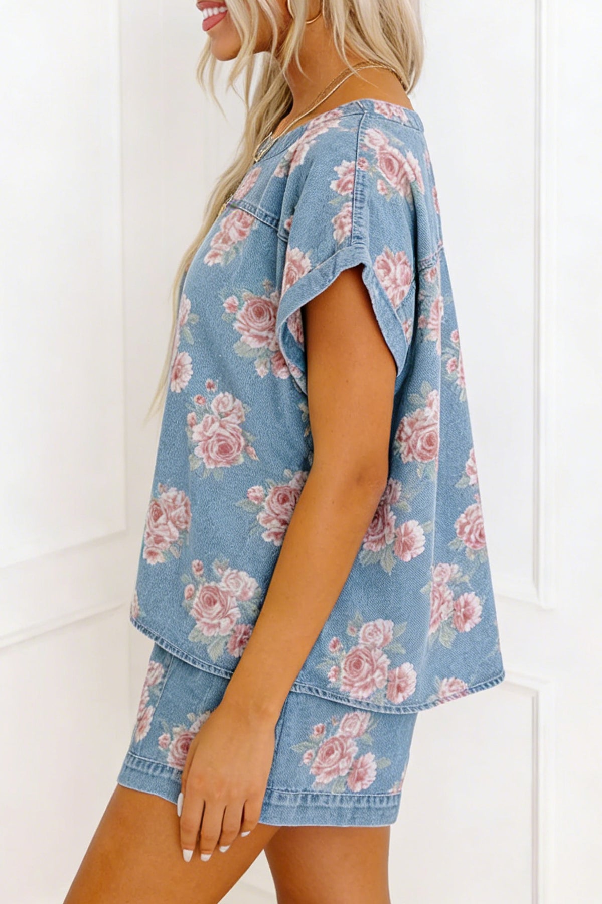 Sky Blue Floral Denim Loose Shorts 2pcs Set