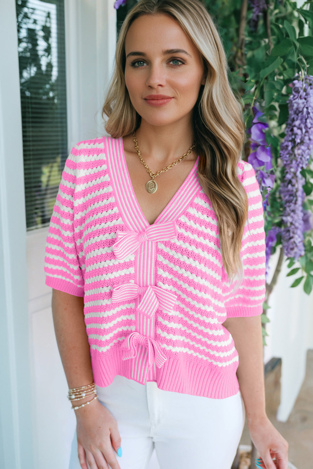 Sky Blue Stripe Bow Knot Sweater