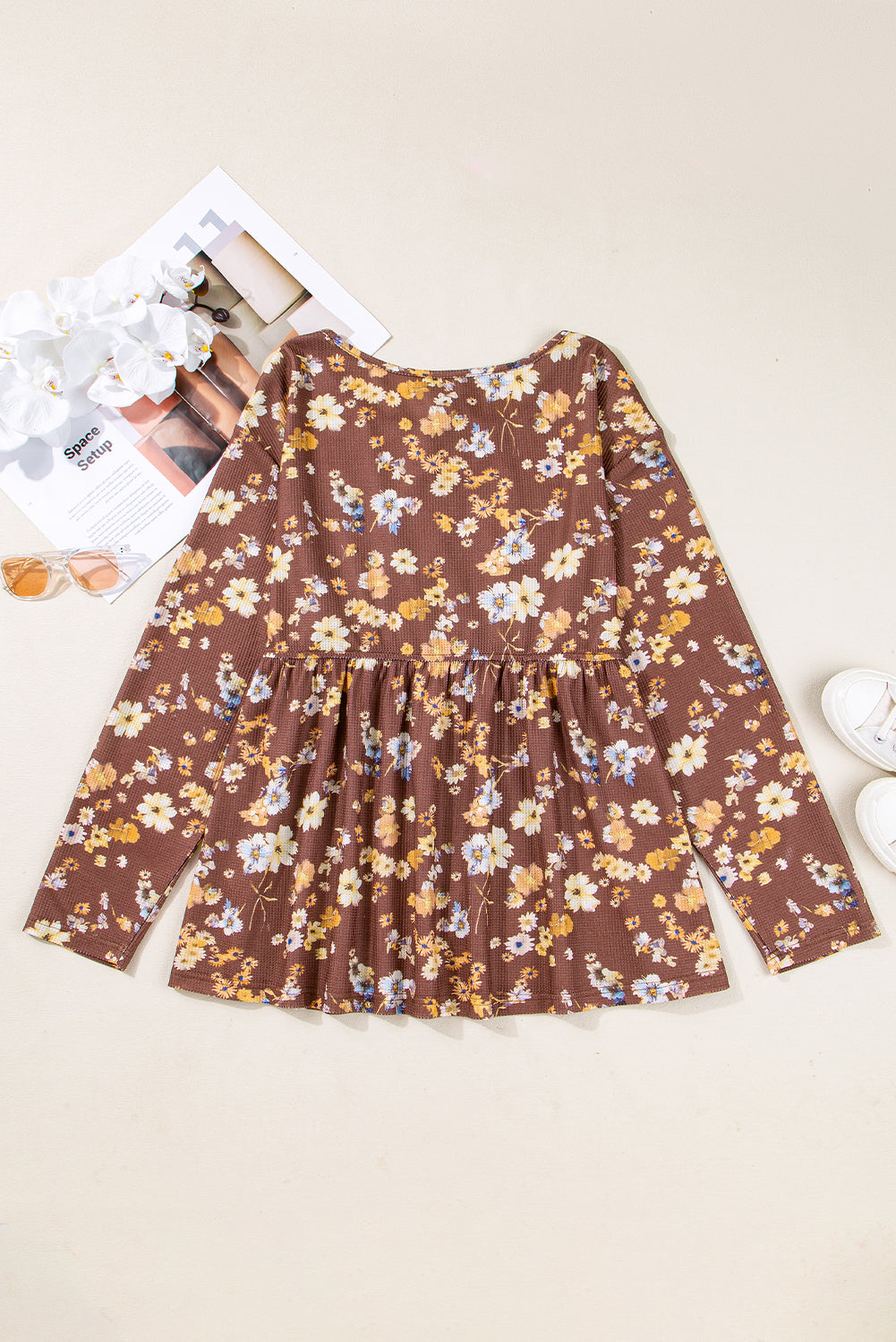 Plus Size Khaki Floral Long Sleeve Blouse