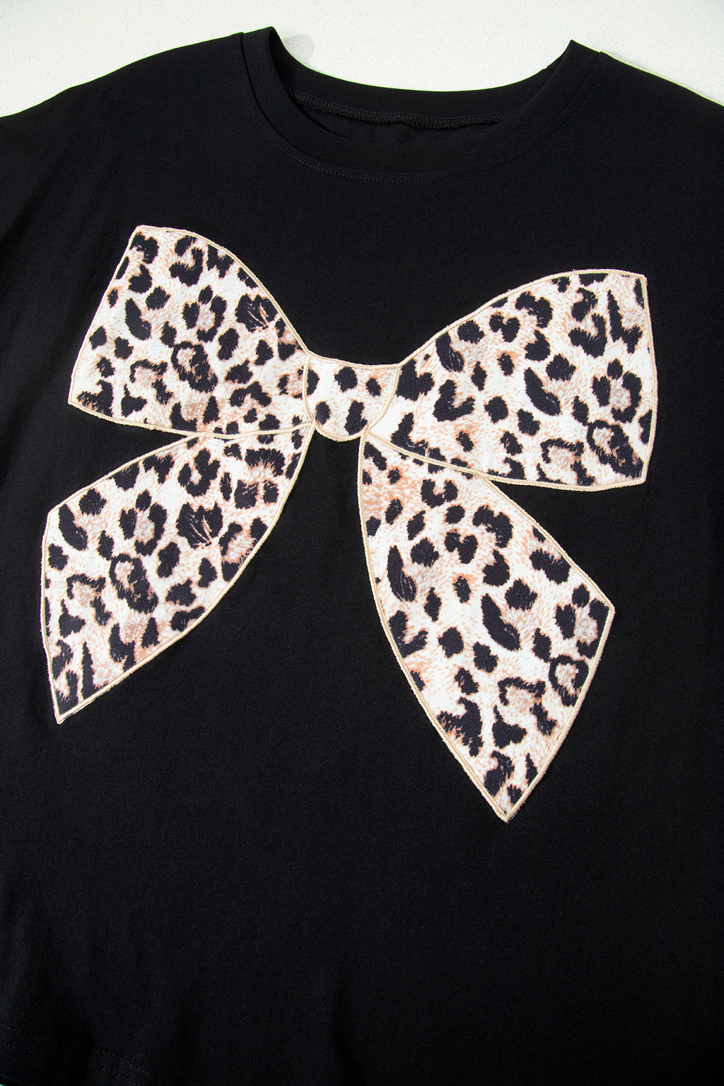 Leopard Bow Embroidered Cotton T Shirt