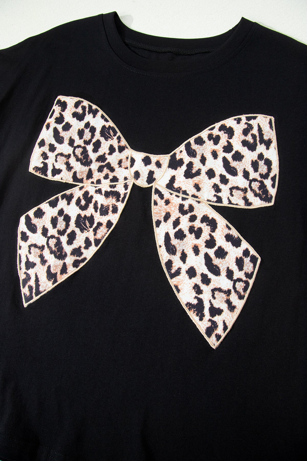 Leopard Bow Embroidered Cotton T Shirt