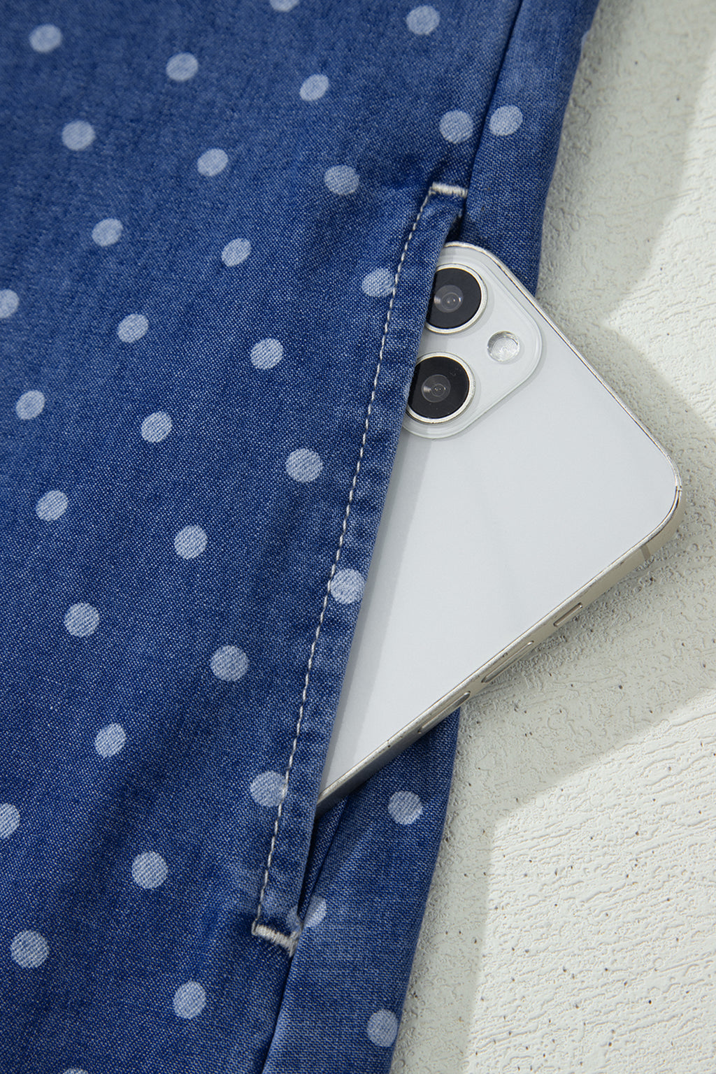 Blue Polka Dot Ruffle Hem Sleeveless Denim Dress