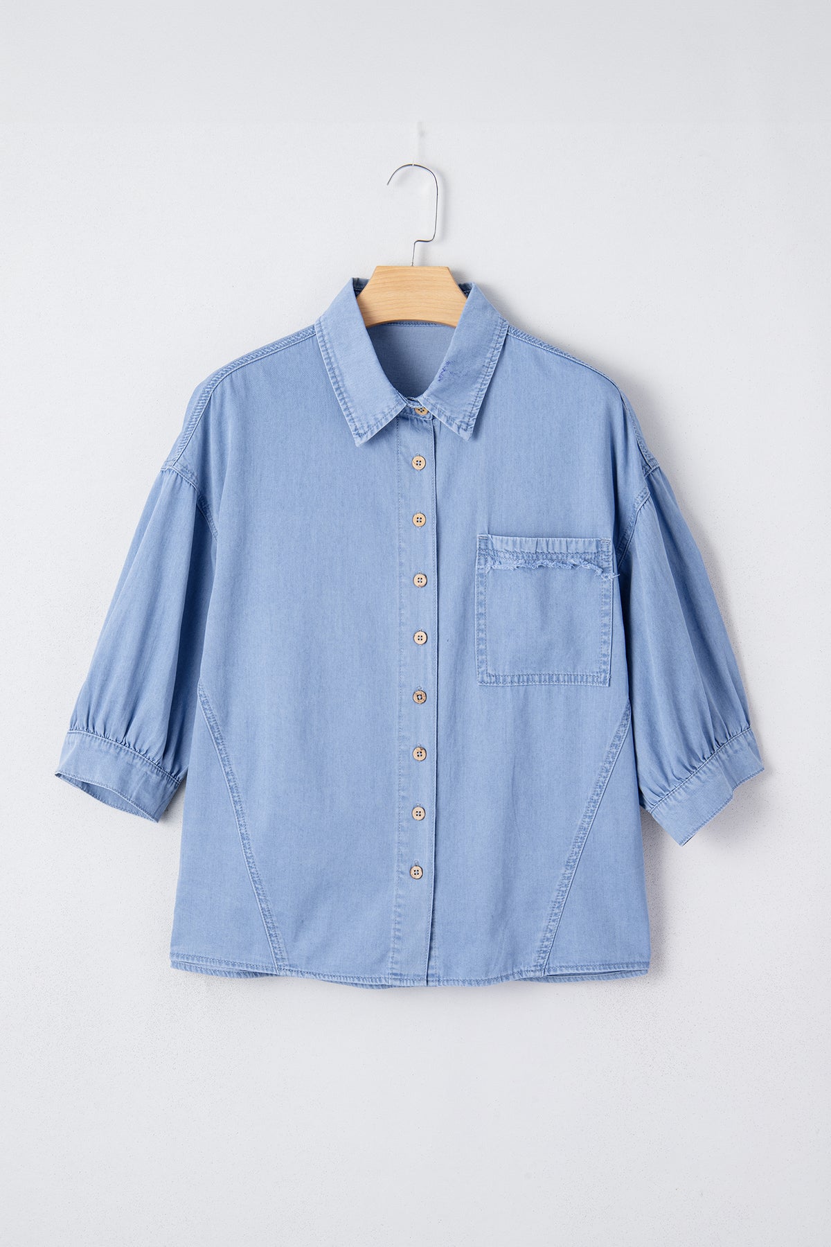 Myosotis Washed Drop Shoulder Bracelet Sleeve Chambray Shirt