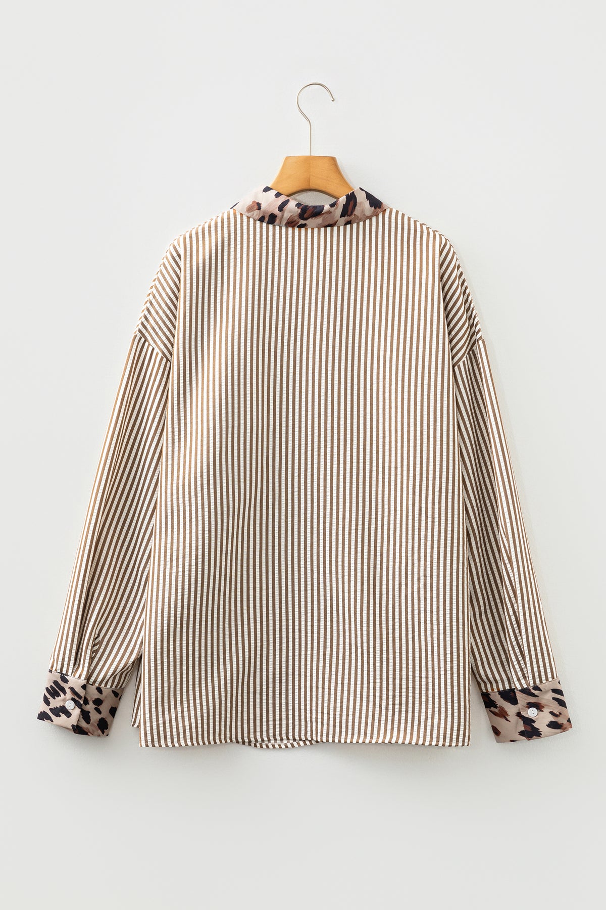 Plus Size Brown Stripe Leopard Patched Shirt
