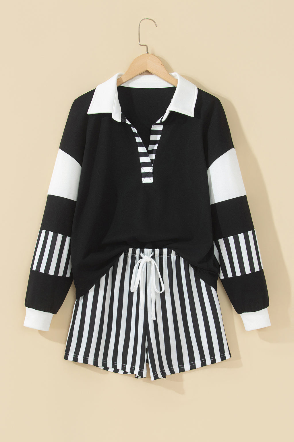 Smoke Green Striped Color Block Pullover Top Drawstring Shorts Set