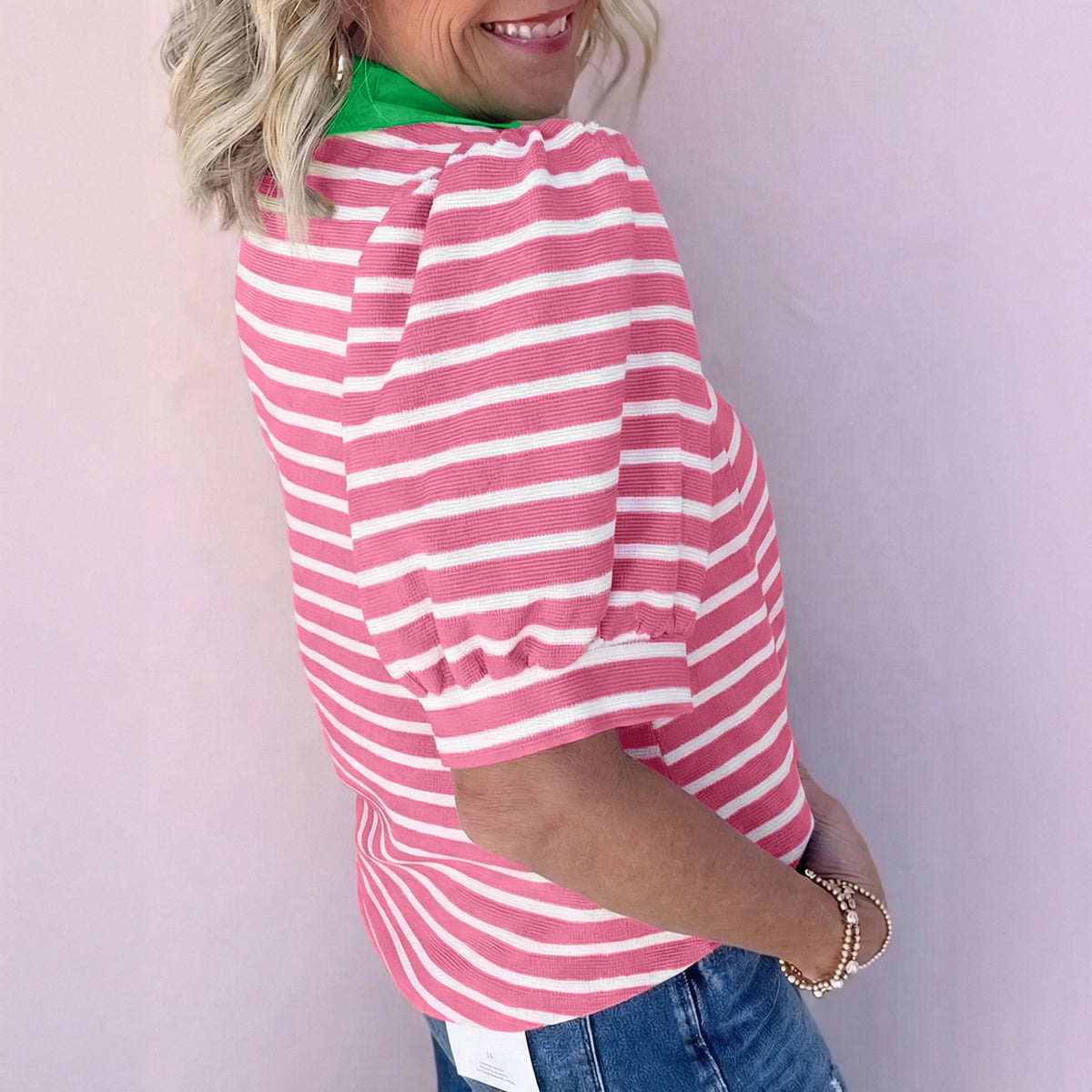 Black Stripe Short Puff Sleeve Blouse