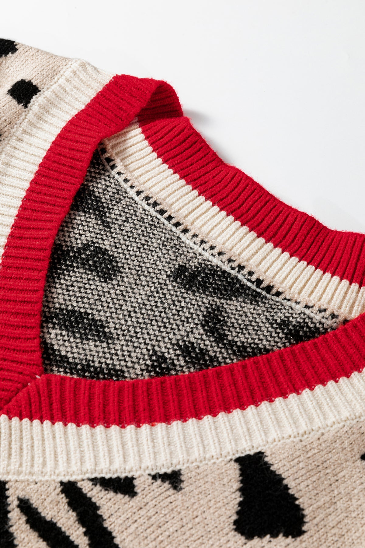 Khaki Leopard V-Neck Contrast Rib Knitted Sweater
