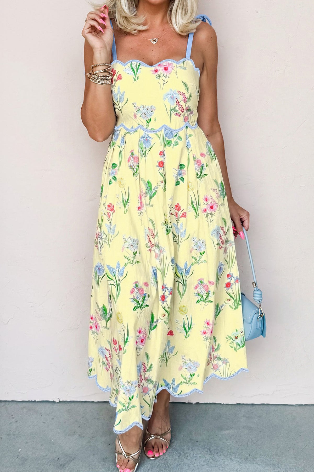 Floral Print Contrast Trim Self-tie Straps Dress