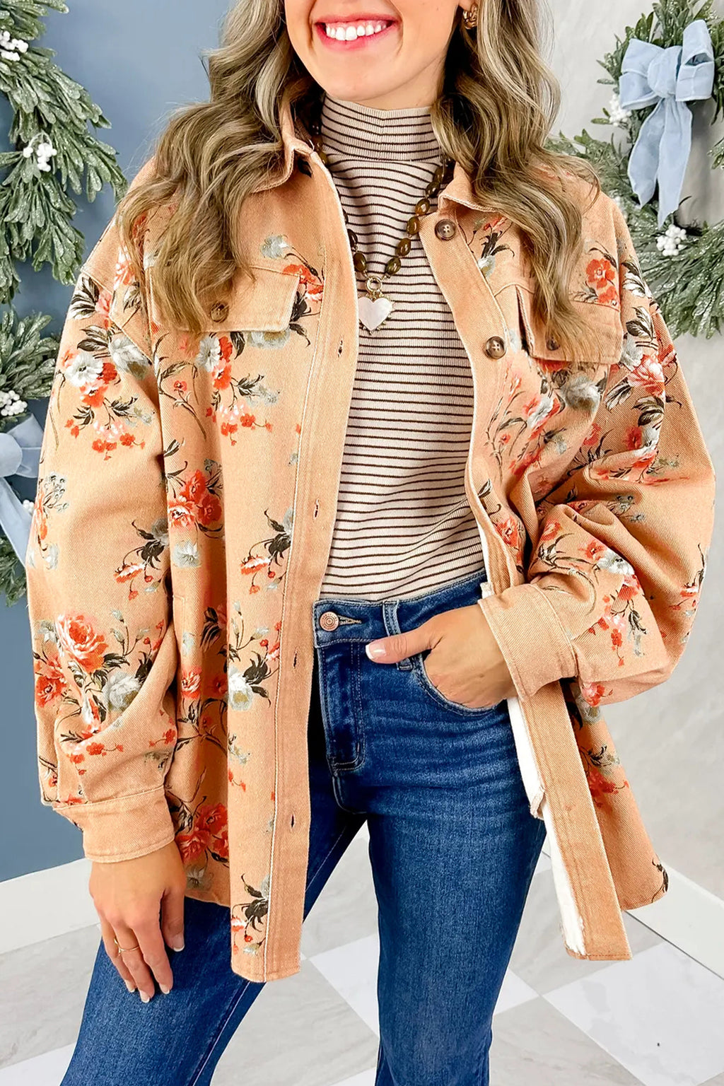 Floral Print Long Sleeve Denim Jacket Tunic Length
