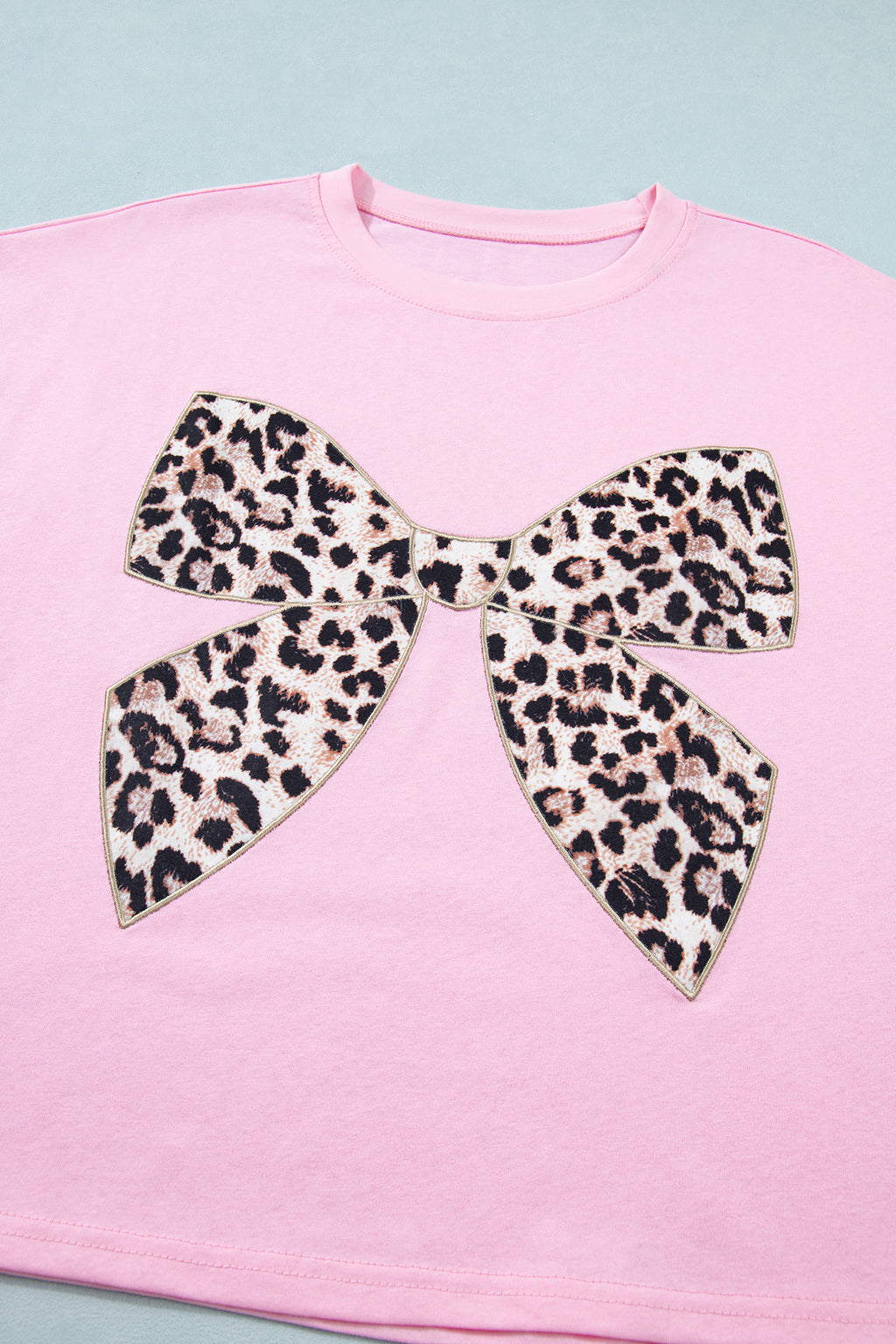Leopard Bow Embroidered Cotton T Shirt