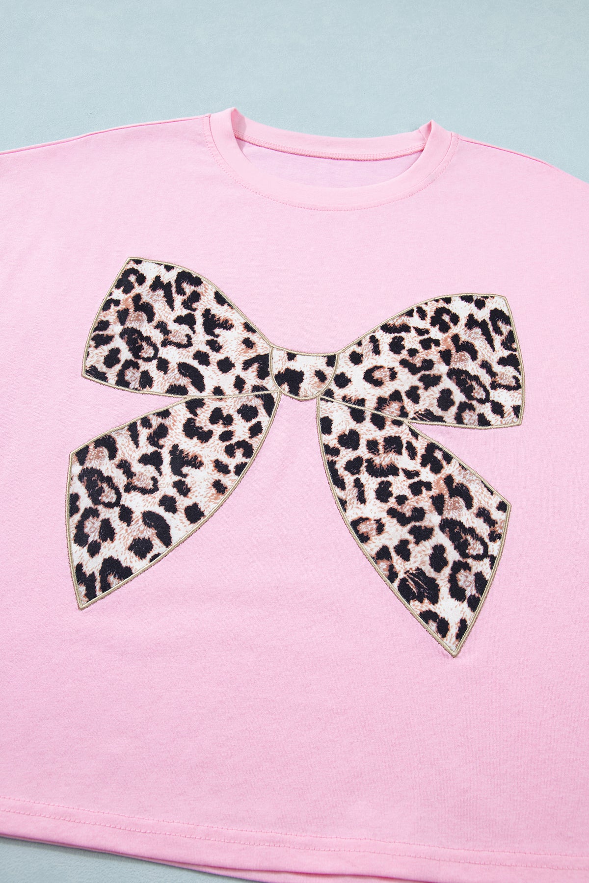 Leopard Bow Embroidered Cotton T Shirt