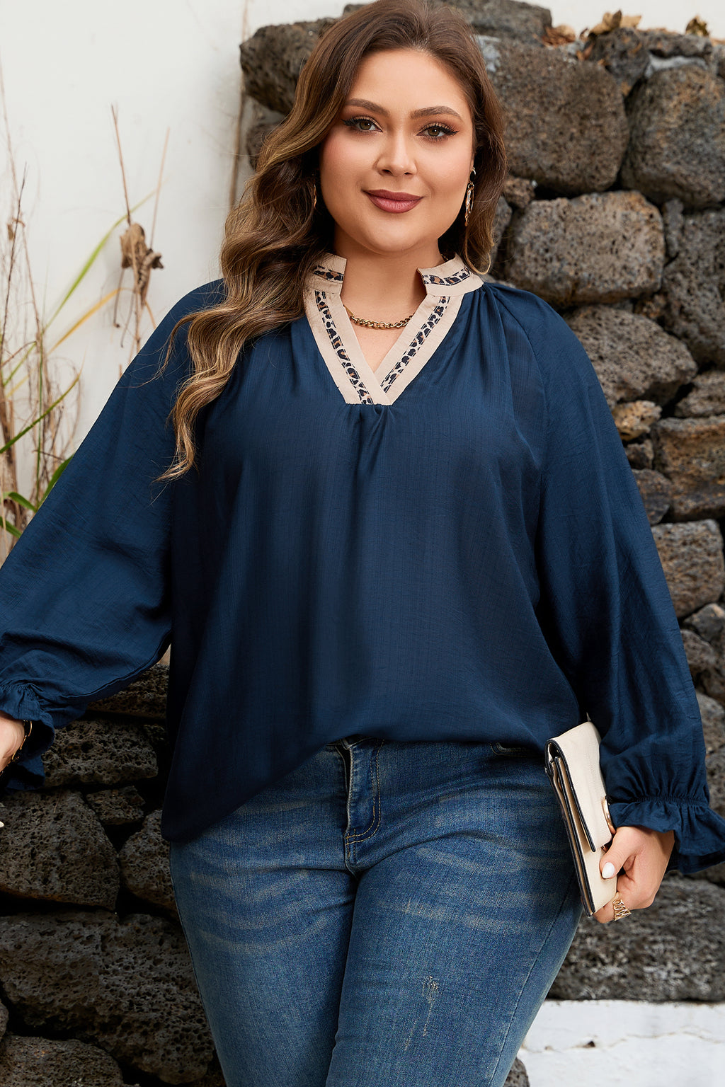 Plus Size Navy Blue Leopard Patchwork Blouse