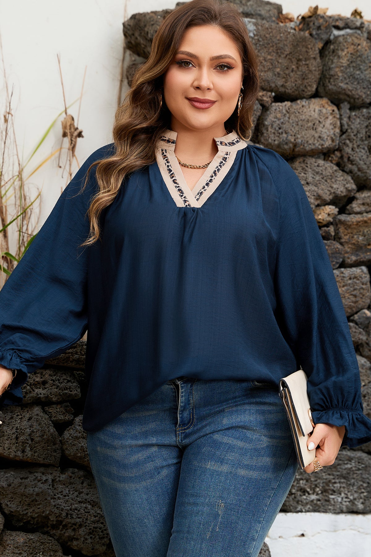 Plus Size Navy Blue Leopard Patchwork Blouse
