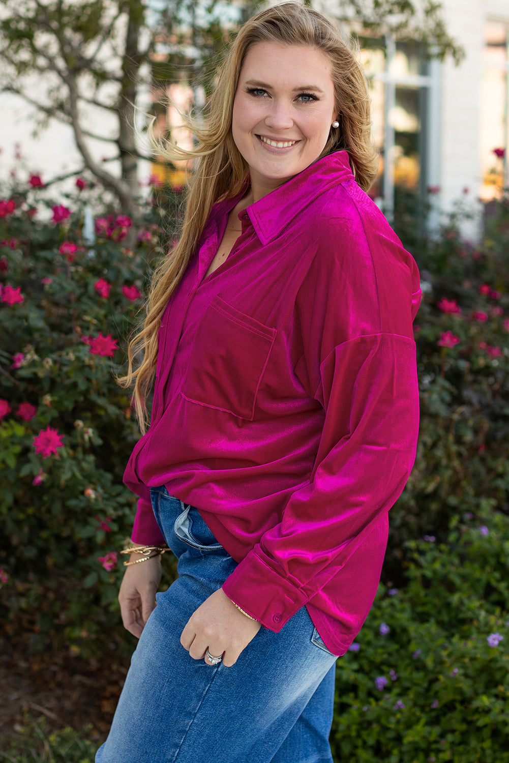 Bright Pink Plus Size Velvet Shirt