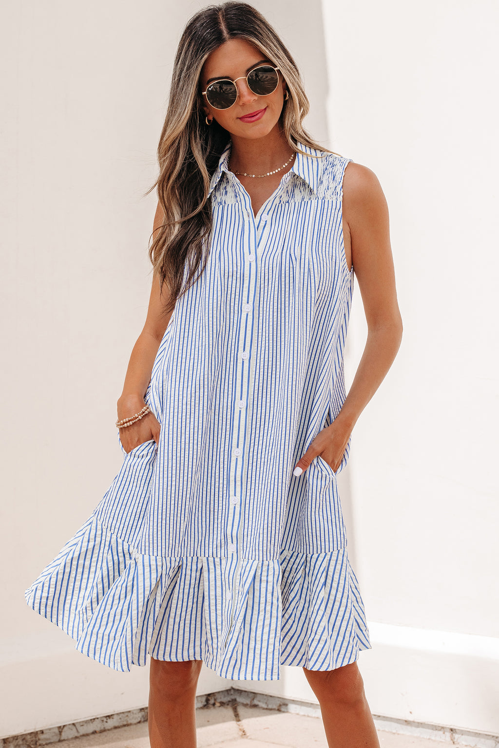 Sky Blue Stripe Sleeveless Dress
