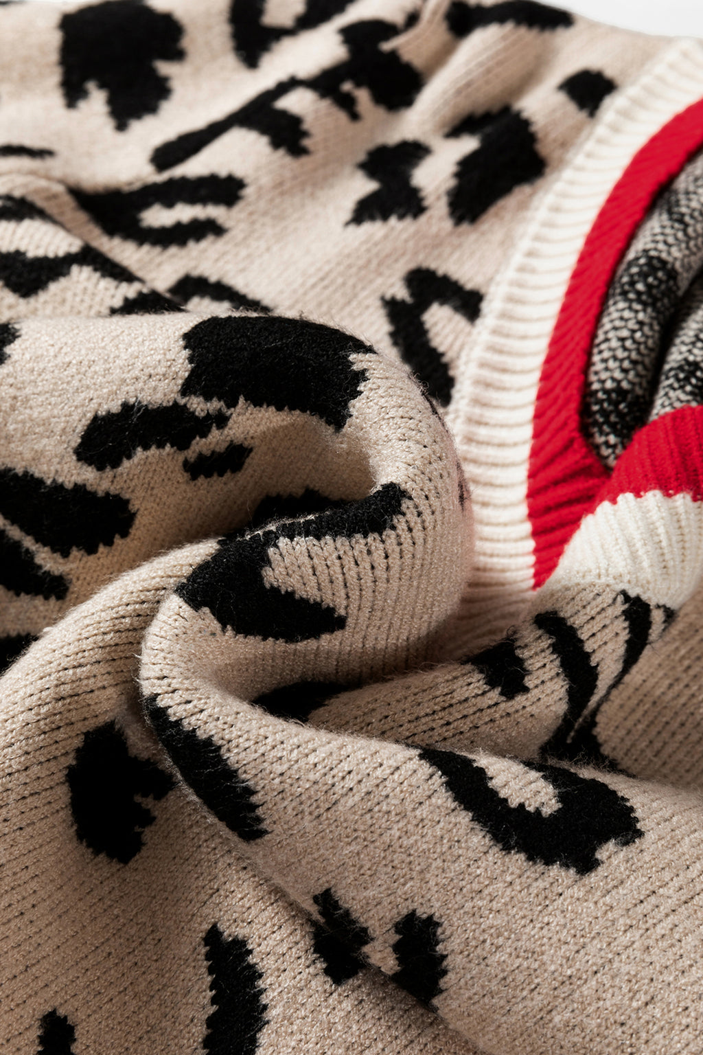 Khaki Leopard V-Neck Contrast Rib Knitted Sweater