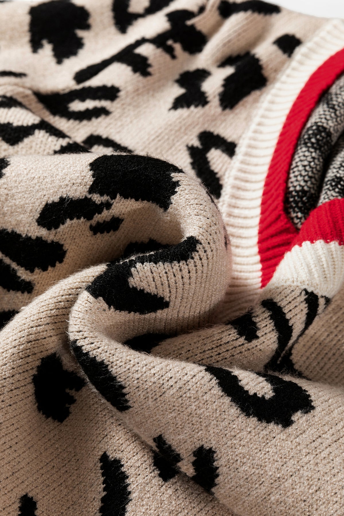 Khaki Leopard V-Neck Contrast Rib Knitted Sweater