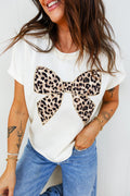 Leopard Bow Embroidered Cotton T Shirt