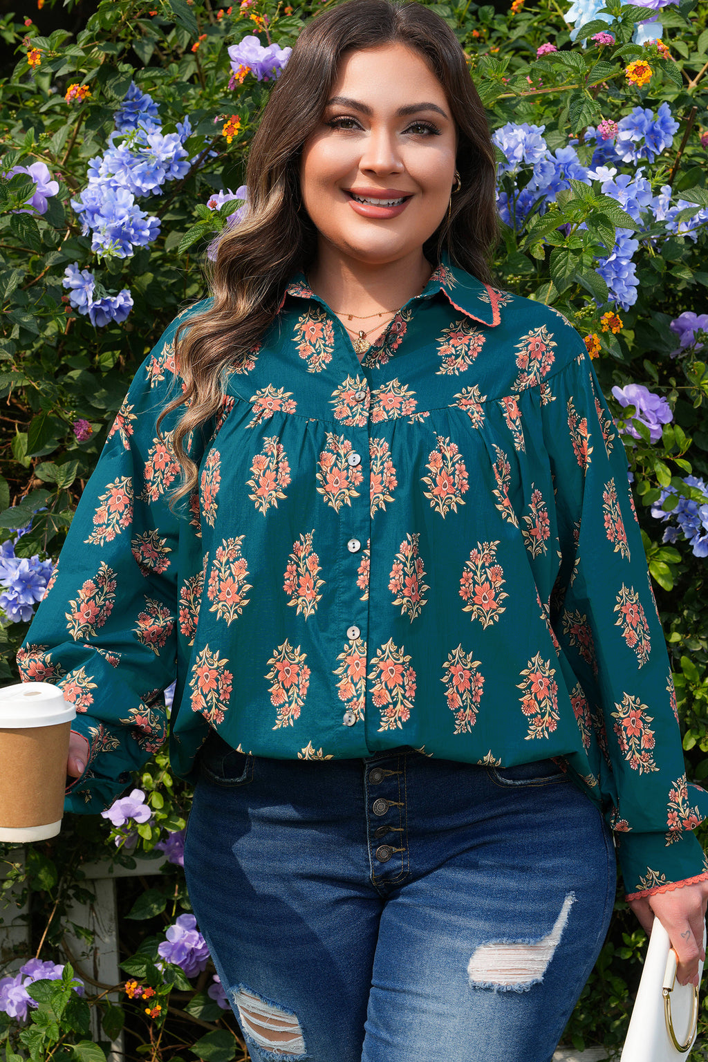 Green Plus Size Floral Print Shirt