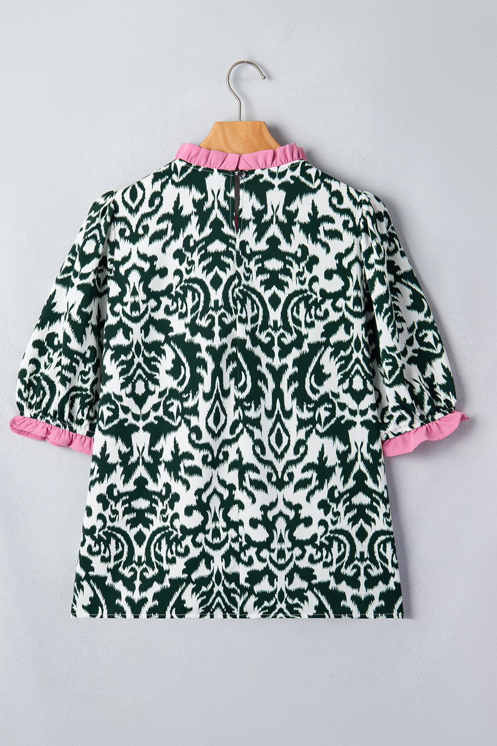 Green Damask Print Ruffled Blouse