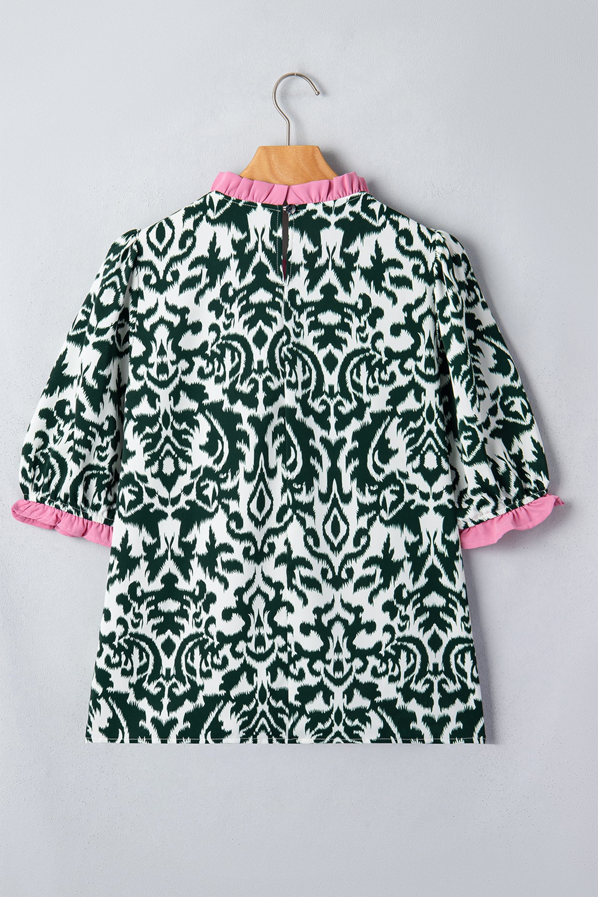 Green Damask Print Ruffled Blouse