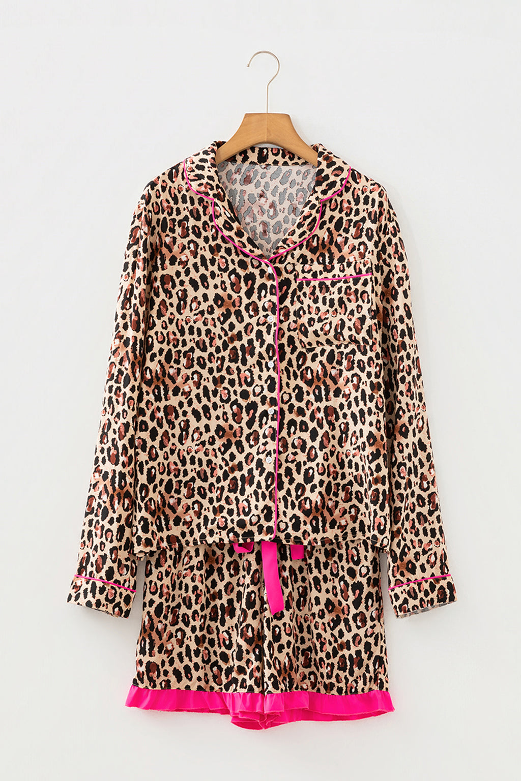 Light French Beige Leopard Print Contrast Trim Long Sleeve Shirt Drawstring Ruffle Hem Short Set