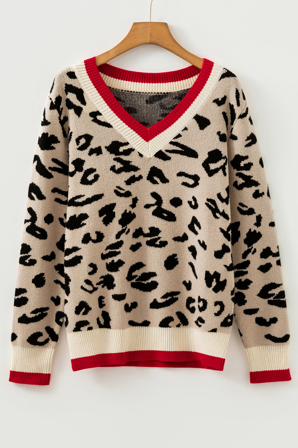 Khaki Leopard V-Neck Contrast Rib Knitted Sweater