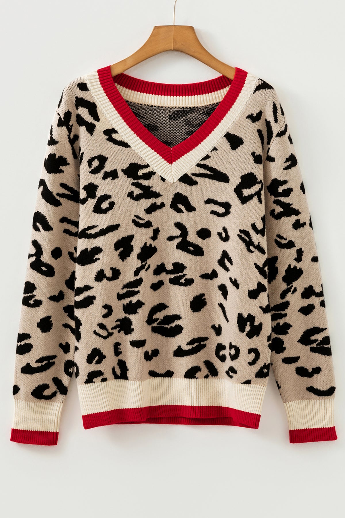 Khaki Leopard V-Neck Contrast Rib Knitted Sweater