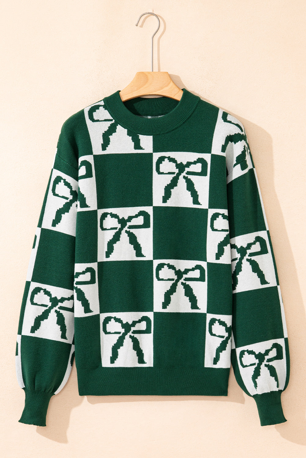 Green Checkered Bow Casual Sweater