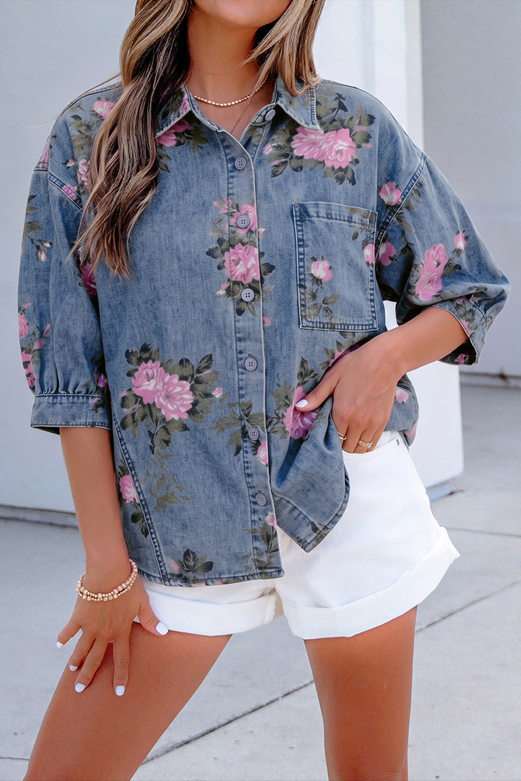 Blue Floral Denim Shirt