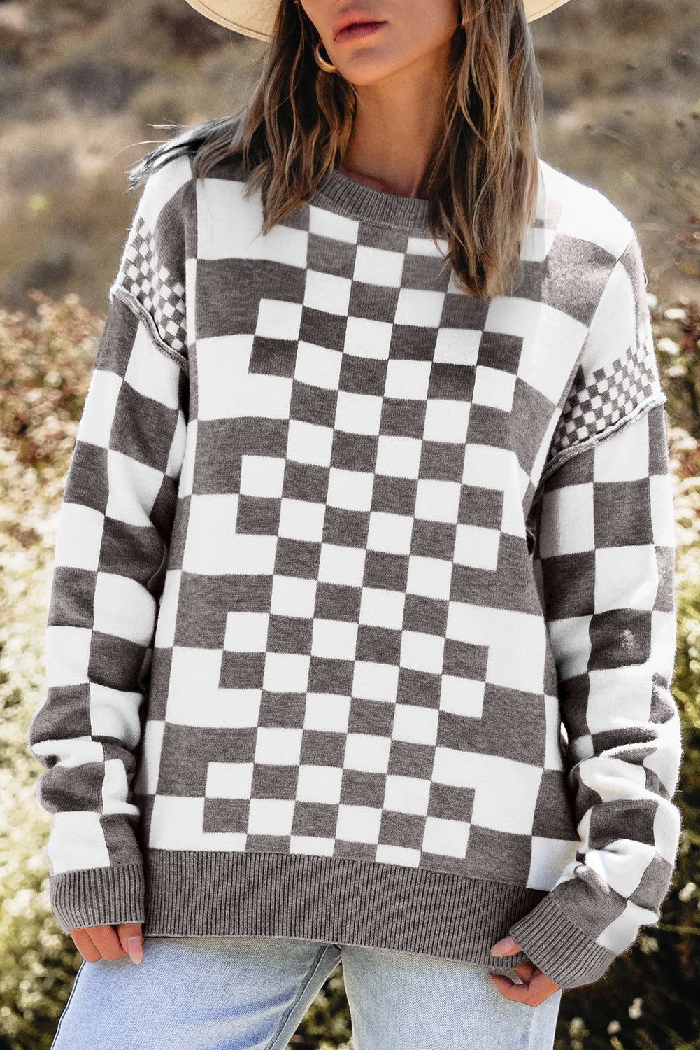 Checkered Print Round Neck Sweater