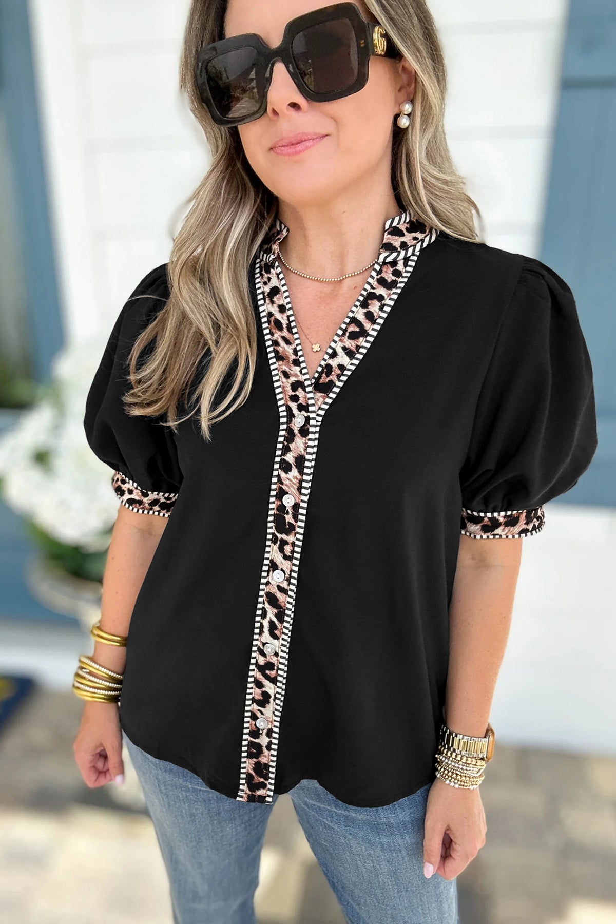 Leopard Trim Button Down Shirt