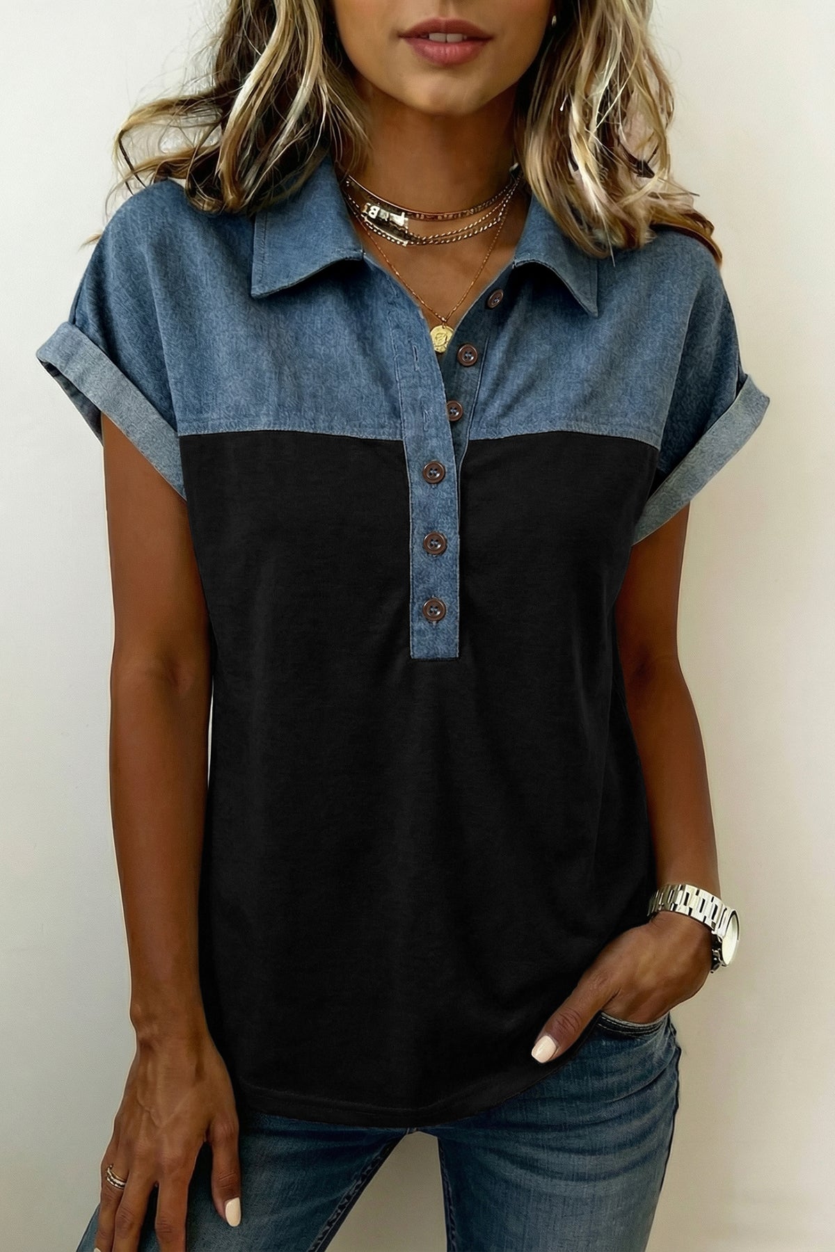 Denim Polo Collar Short Sleeve Top