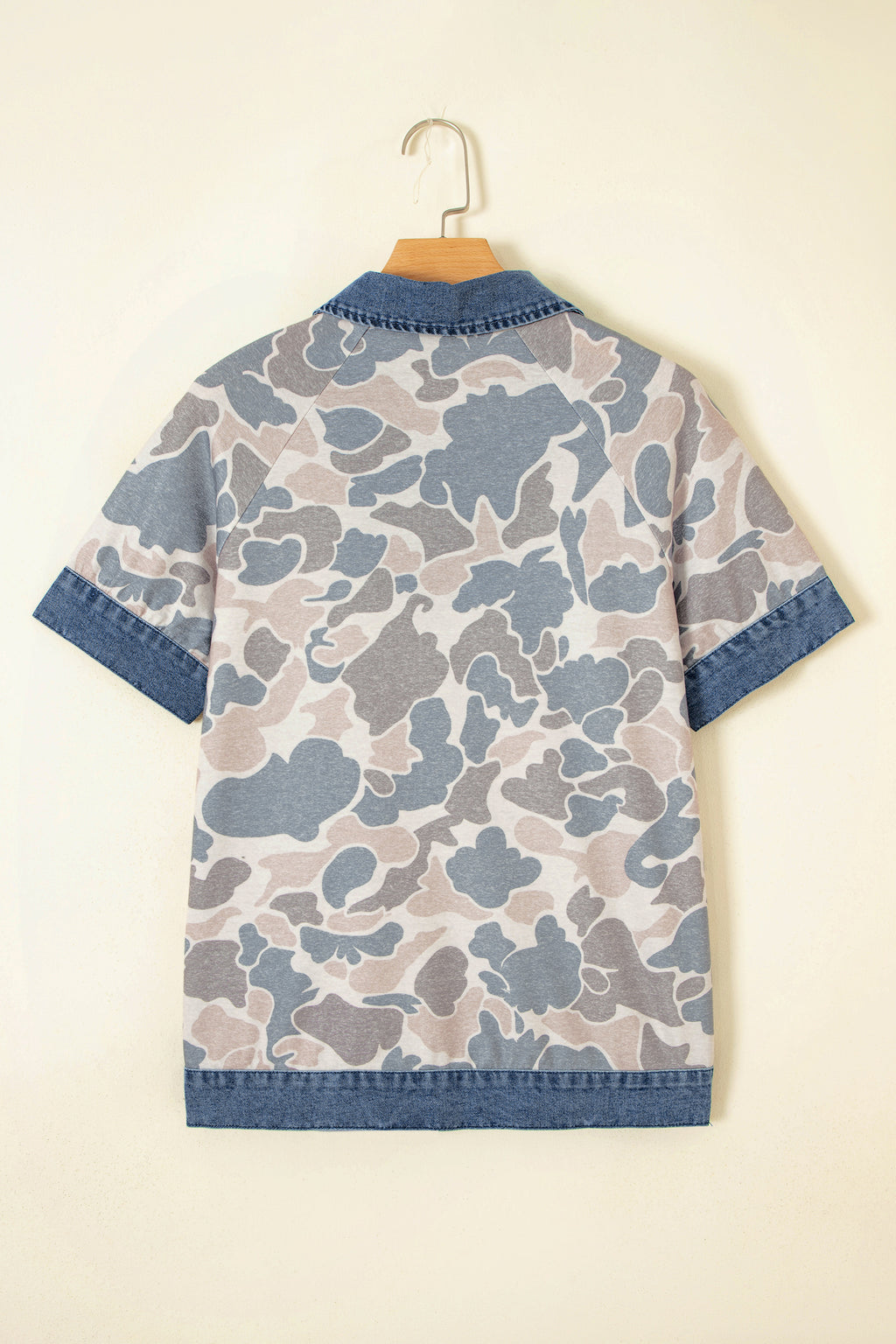 Camouflage Print Denim Patchwork Polo Collar Tee