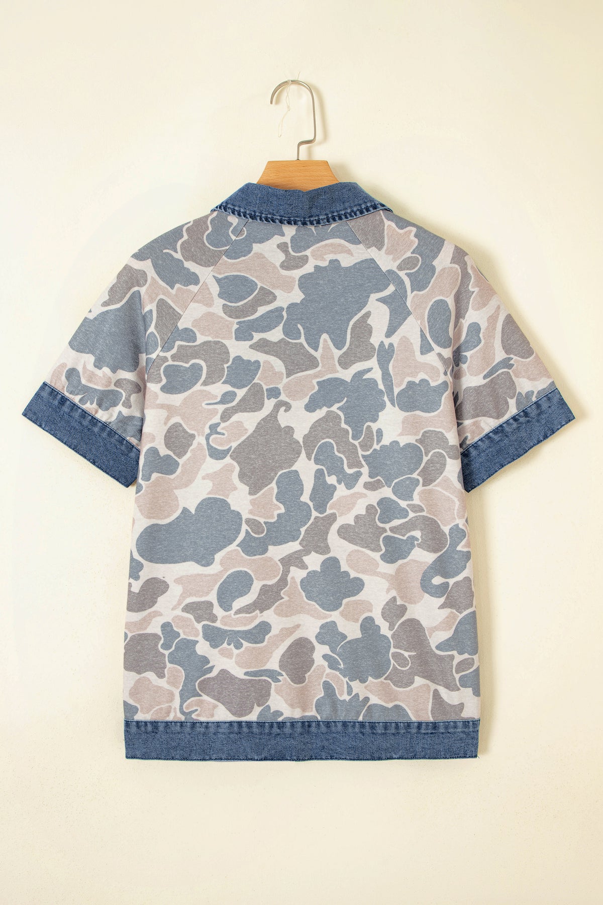 Camouflage Print Denim Patchwork Polo Collar Tee