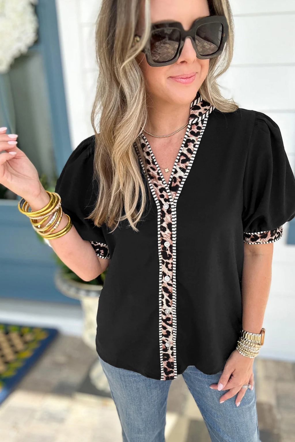 Leopard Trim Button Down Shirt