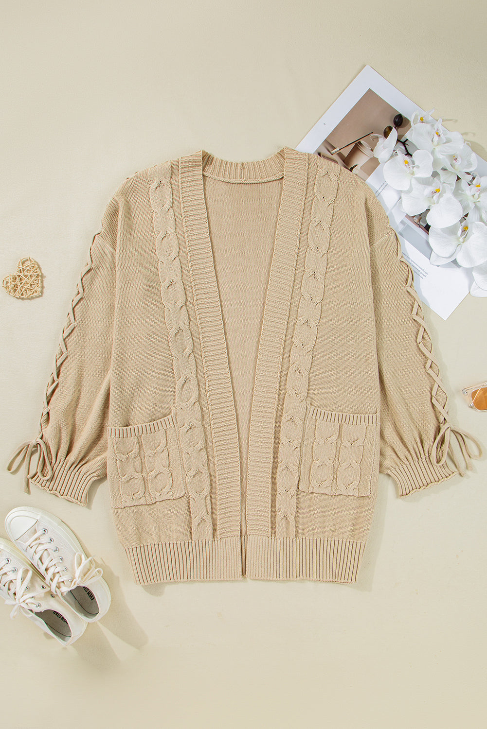 Parchment Cable Knit Braided Tie Sleeve Plus Size Open Cardigan