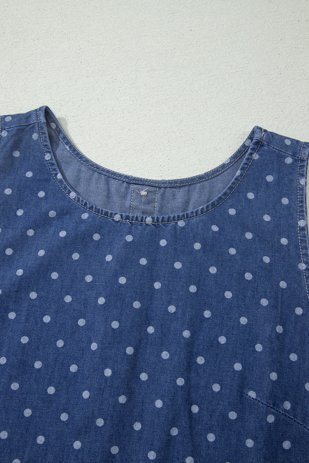 Blue Polka Dot Ruffle Hem Sleeveless Denim Dress