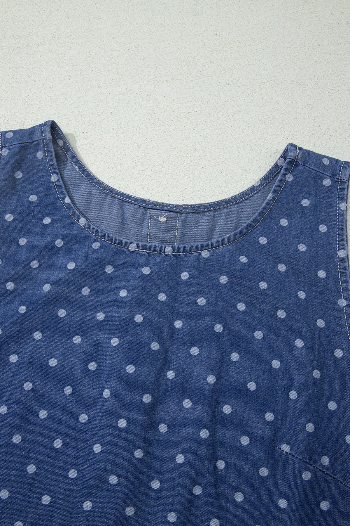 Blue Polka Dot Ruffle Hem Sleeveless Denim Dress