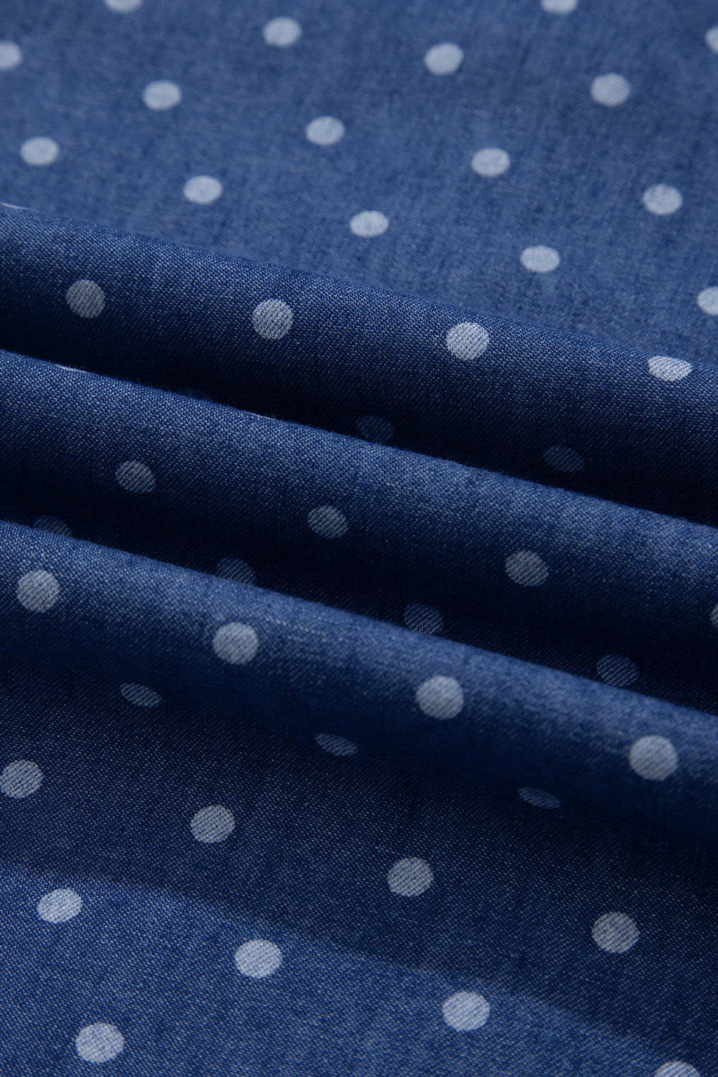 Blue Polka Dot Ruffle Hem Sleeveless Denim Dress