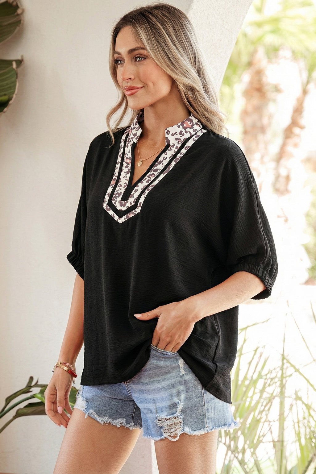 Leopard Patchwork Trim V Neck Blouse