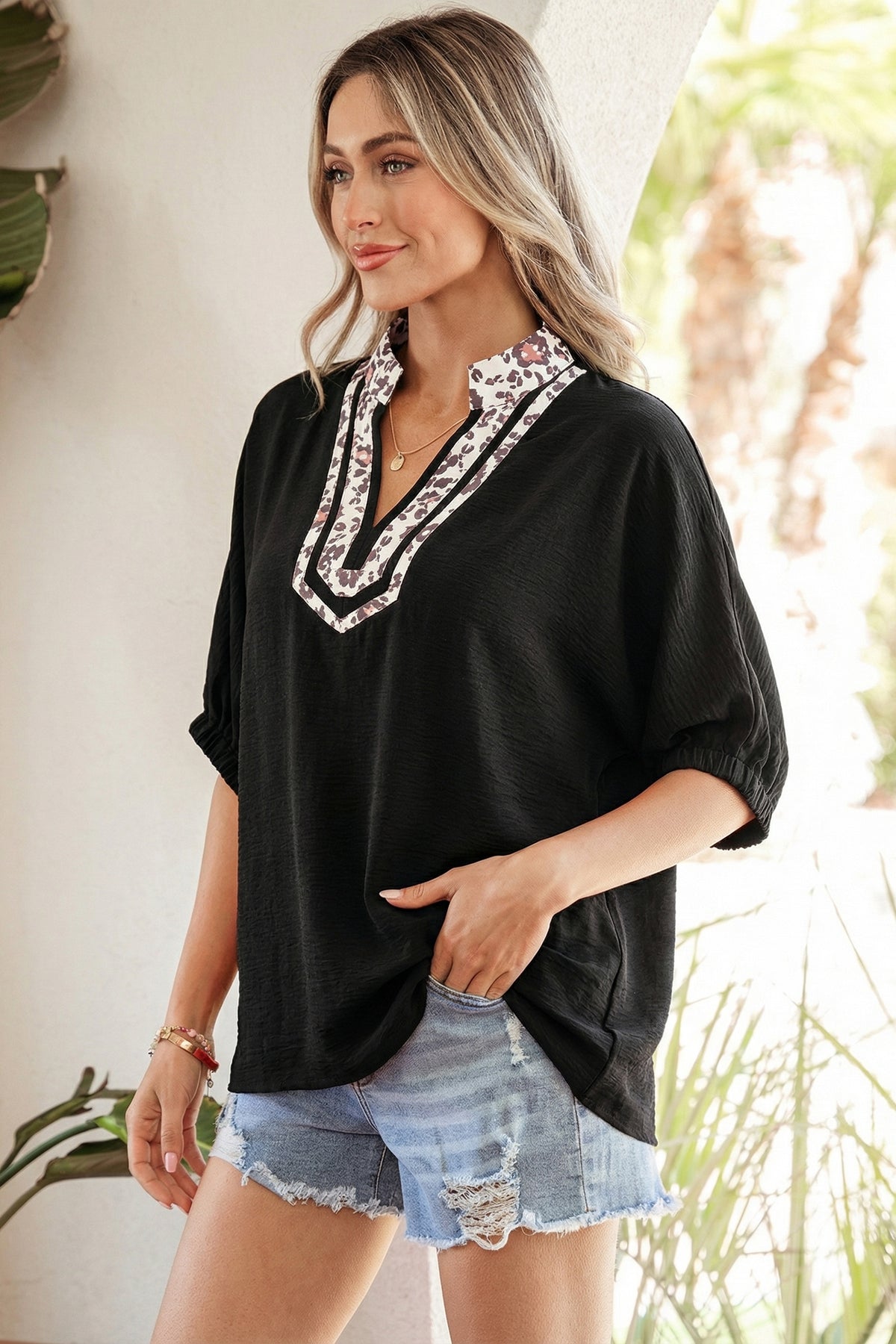 Leopard Patchwork Trim V Neck Blouse