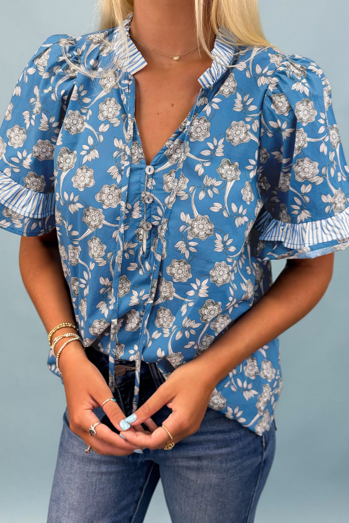 Blue Floral Print Blouse