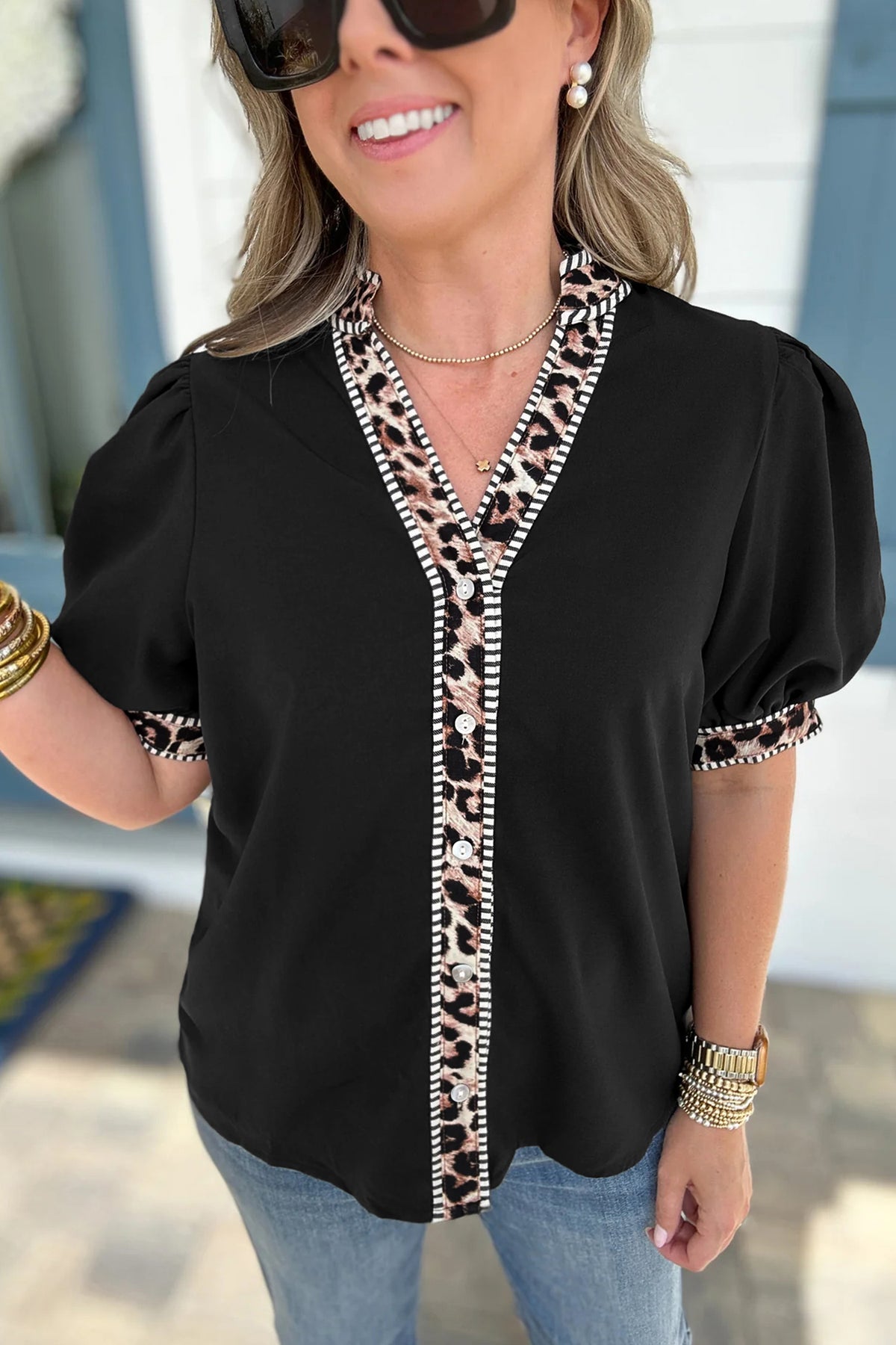 Leopard Trim Button Down Shirt
