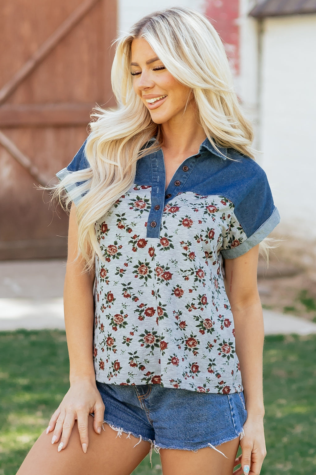 Floral Print Denim Buttoned Polo Collar Top