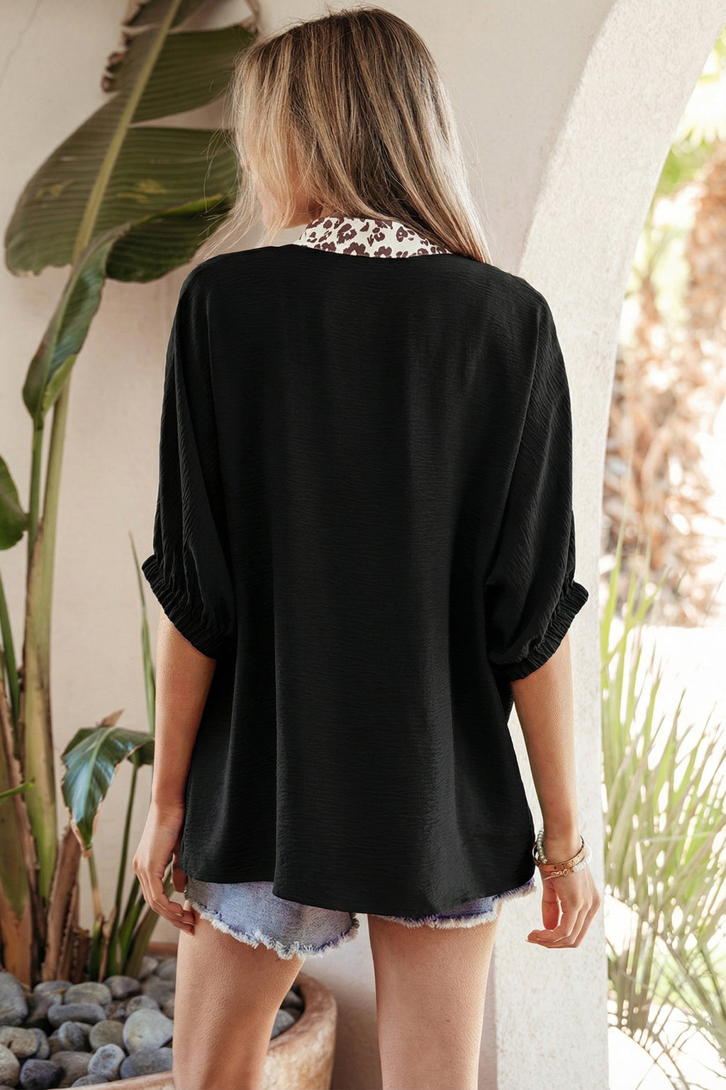 Leopard Patchwork Trim V Neck Blouse