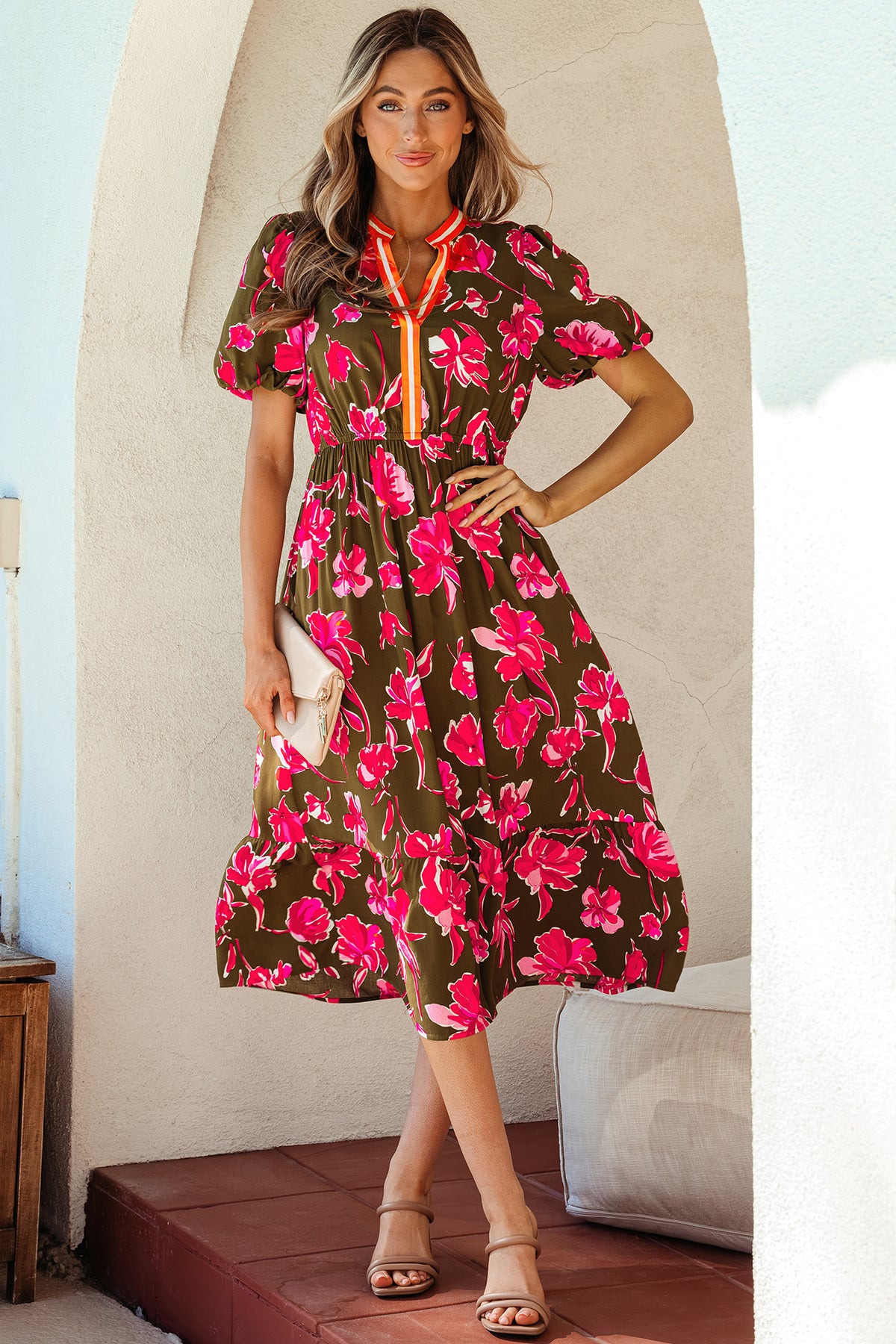 Floral Print Striped Ruffle Hem Maxi Dress