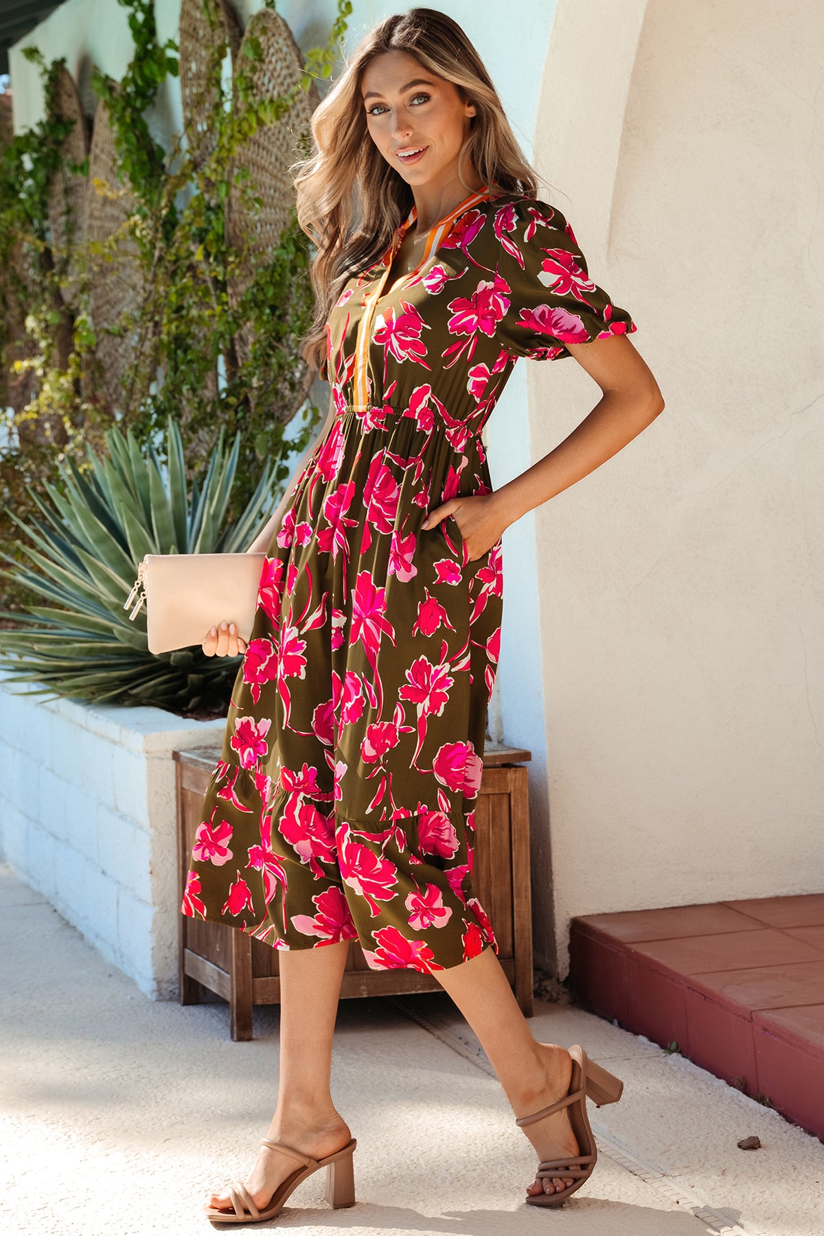 Floral Print Striped Ruffle Hem Maxi Dress
